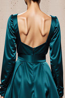 Load image into Gallery viewer, Peacock Blue Satin Sheath Square Neck Long Sleeves Formal Dress with Slit