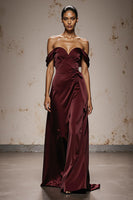 Load image into Gallery viewer, Burgundy Satin Off the Shoulder Sheath Sweetheart Long Formal Dress