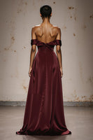 Load image into Gallery viewer, Burgundy Satin Off the Shoulder Sheath Sweetheart Long Formal Dress