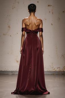 Burgundy Satin Off the Shoulder Sheath Sweetheart Long Formal Dress