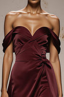 Load image into Gallery viewer, Burgundy Satin Off the Shoulder Sheath Sweetheart Long Formal Dress