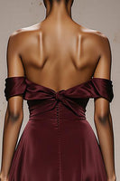Load image into Gallery viewer, Burgundy Satin Off the Shoulder Sheath Sweetheart Long Formal Dress