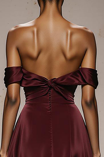 Burgundy Satin Off the Shoulder Sheath Sweetheart Long Formal Dress