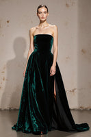 Load image into Gallery viewer, Dark Green Velvet Strapless A Line Long Holiday Party Dress with Slit
