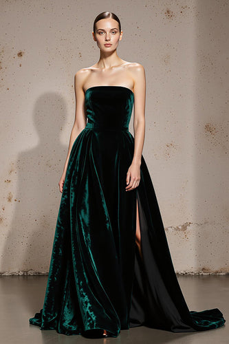 Dark Green Velvet Strapless A Line Long Holiday Party Dress with Slit