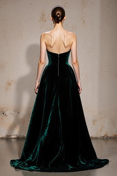 Dark Green Velvet Strapless A Line Long Holiday Party Dress with Slit