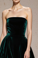 Load image into Gallery viewer, Dark Green Velvet Strapless A Line Long Holiday Party Dress with Slit