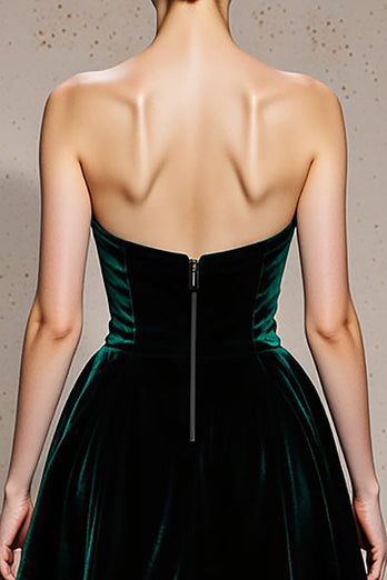 Dark Green Velvet Strapless A Line Long Holiday Party Dress with Slit