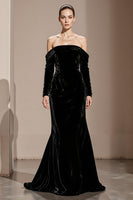Load image into Gallery viewer, Black Velvet Off the Shoulder Backless Mermaid Long Sleeves Holiday Party Dress