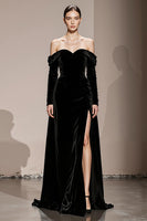 Load image into Gallery viewer, Black Velvet Sheath Off the Shoulder Long Sleeves Holiday Party Dress with Slit