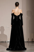 Load image into Gallery viewer, Black Velvet Sheath Off the Shoulder Long Sleeves Holiday Party Dress with Slit