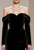 Load image into Gallery viewer, Black Velvet Sheath Off the Shoulder Long Sleeves Holiday Party Dress with Slit
