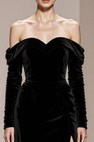 Load image into Gallery viewer, Black Velvet Sheath Off the Shoulder Long Sleeves Holiday Party Dress with Slit