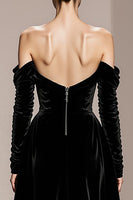 Load image into Gallery viewer, Black Velvet Sheath Off the Shoulder Long Sleeves Holiday Party Dress with Slit