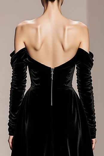 Black Velvet Sheath Off the Shoulder Long Sleeves Holiday Party Dress with Slit