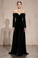 Load image into Gallery viewer, Black Velvet Sheath Off the Shoulder Long Sleeves Holiday Party Dress