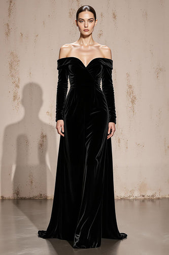 Black Velvet Sheath Off the Shoulder Long Sleeves Holiday Party Dress