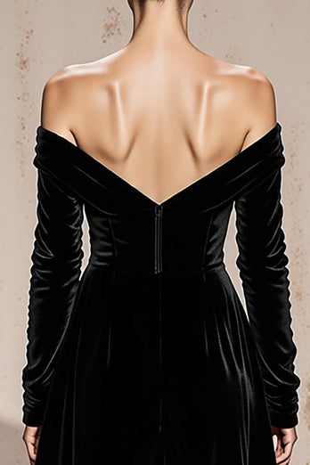 Black Velvet Sheath Off the Shoulder Long Sleeves Holiday Party Dress