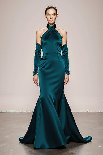 Peacock Green Satin Halter Mermaid Long Formal Dress