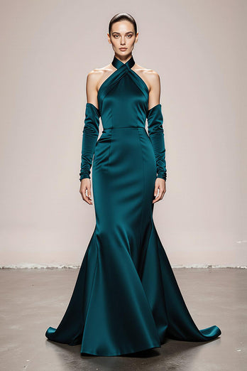 Peacock Green Satin Halter Mermaid Long Formal Dress