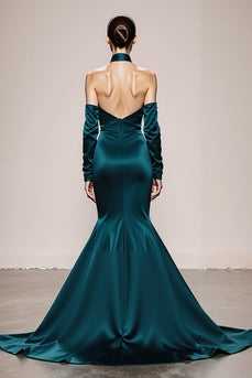 Peacock Green Satin Halter Mermaid Long Formal Dress