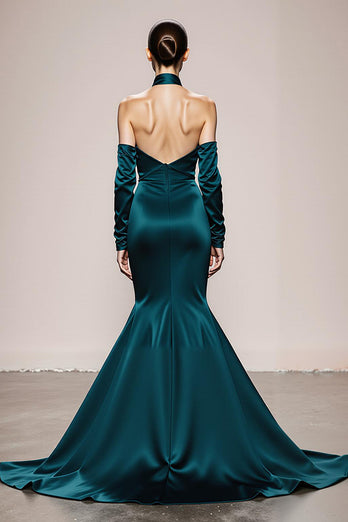 Peacock Green Satin Halter Mermaid Long Formal Dress