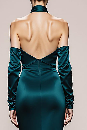 Peacock Green Satin Halter Mermaid Long Formal Dress