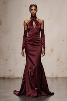 Load image into Gallery viewer, Burgundy Satin Mermaid Halter Long Formal Dress with Sleeves