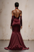 Load image into Gallery viewer, Burgundy Satin Mermaid Halter Long Formal Dress with Sleeves
