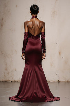 Burgundy Satin Mermaid Halter Long Formal Dress with Sleeves