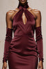 Load image into Gallery viewer, Burgundy Satin Mermaid Halter Long Formal Dress with Sleeves