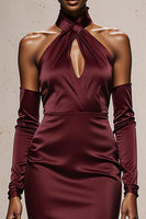 Load image into Gallery viewer, Burgundy Satin Mermaid Halter Long Formal Dress with Sleeves