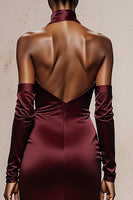 Load image into Gallery viewer, Burgundy Satin Mermaid Halter Long Formal Dress with Sleeves