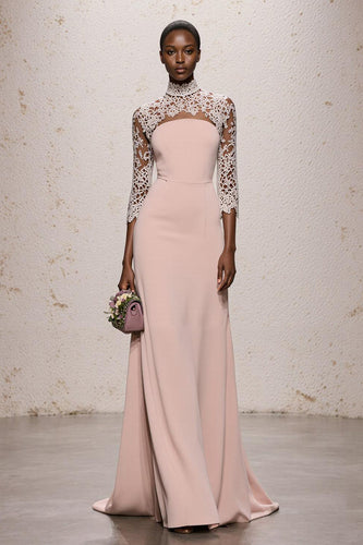 Simple Light Pink Lace High Neck Backless Long Formal Dress