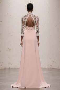 Simple Light Pink Lace High Neck Backless Long Formal Dress