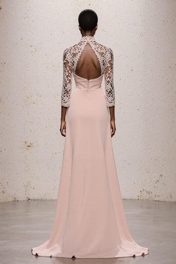 Simple Light Pink Lace High Neck Backless Long Formal Dress