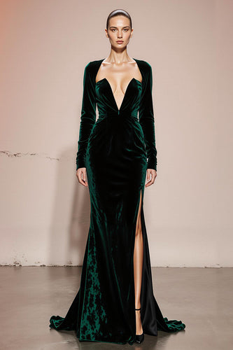 Dark Green Mermaid Velvet Long Sleeves Backless Formal Dress with Slit