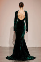 Load image into Gallery viewer, Dark Green Mermaid Velvet Long Sleeves Backless Formal Dress with Slit