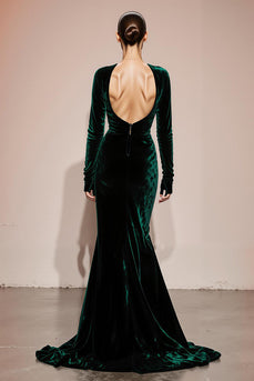 Dark Green Mermaid Velvet Long Sleeves Backless Formal Dress with Slit