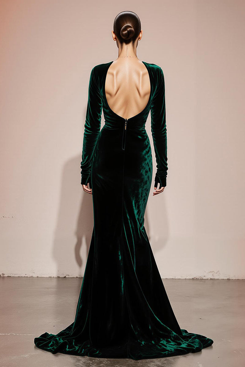 Load image into Gallery viewer, Dark Green Mermaid Velvet Long Sleeves Backless Formal Dress with Slit