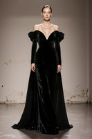 Load image into Gallery viewer, Black Velvet Off the Shoulder A Line Long Sleeves Formal Dress