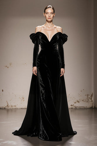 Black Velvet Off the Shoulder A Line Long Sleeves Formal Dress