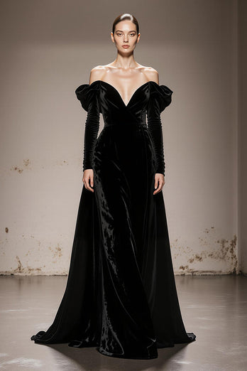 Black Velvet Off the Shoulder A Line Long Sleeves Formal Dress
