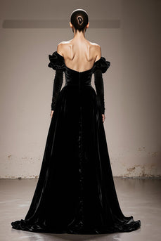 Black Velvet Off the Shoulder A Line Long Sleeves Formal Dress