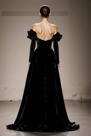 Black Velvet Off the Shoulder A Line Long Sleeves Formal Dress