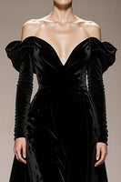 Load image into Gallery viewer, Black Velvet Off the Shoulder A Line Long Sleeves Formal Dress