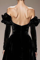Load image into Gallery viewer, Black Velvet Off the Shoulder A Line Long Sleeves Formal Dress