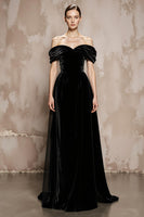 Load image into Gallery viewer, Black Velvet A Line Off the Shoulder Long Formal Dress
