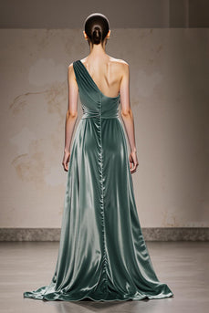 Mint Green One Shoulder Velvet Long Formal Dress with Slit