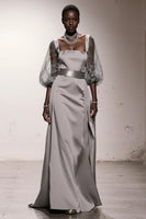 Load image into Gallery viewer, Simple Silver Sheath Satin Long Formal Dress with Sleeves